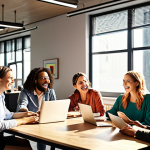 **

A vibrant office scene showcasing teamwork and open communication. Diverse employees are collaborating enthusiastically around a table with laptops, engaging in active listening and idea sharing. Sunlight streams through large windows, creating a positive and energetic atmosphere. The setting emphasizes horizontal communication and mutual respect, with a modern and colorful design to inspire creativity and happiness.

**