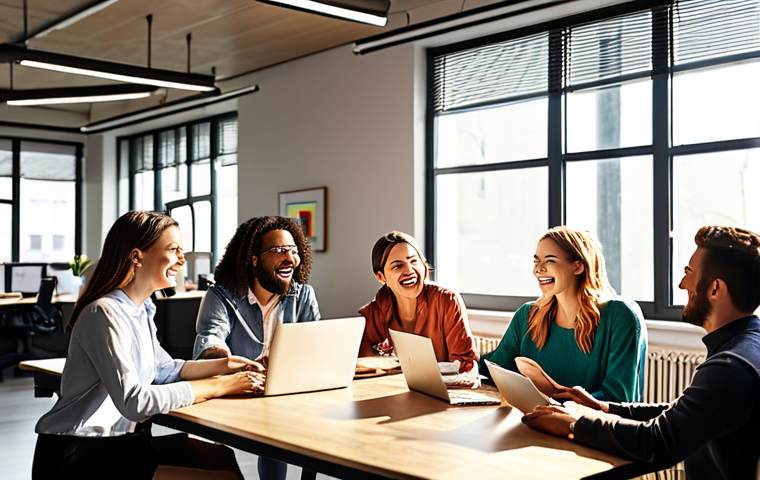**

A vibrant office scene showcasing teamwork and open communication. Diverse employees are collaborating enthusiastically around a table with laptops, engaging in active listening and idea sharing. Sunlight streams through large windows, creating a positive and energetic atmosphere. The setting emphasizes horizontal communication and mutual respect, with a modern and colorful design to inspire creativity and happiness.

**
