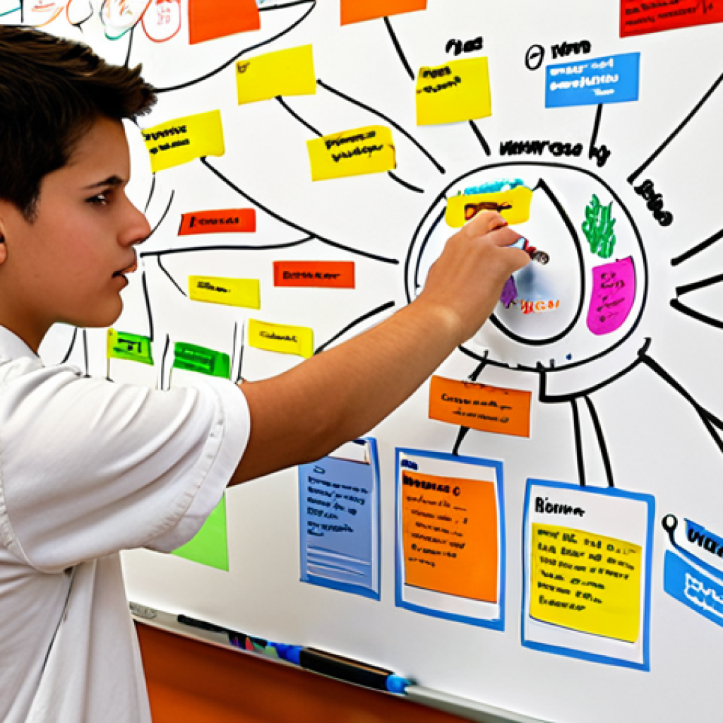 **

A student creating a colorful mind map on a large whiteboard, surrounded by textbooks and notes. The mind map has a central topic and branches expanding with keywords and related concepts. This illustrates effective memorization techniques.

**