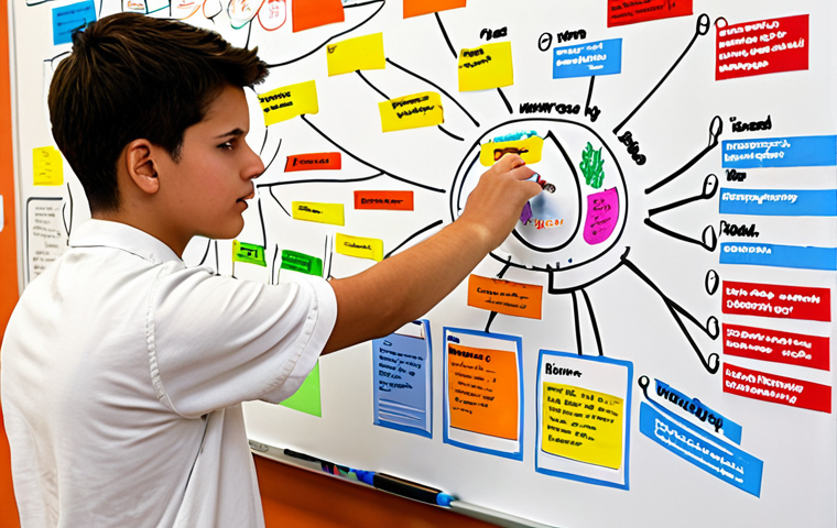 **
A student creating a colorful mind map on a large whiteboard, surrounded by textbooks and notes. The mind map has a central topic and branches expanding with keywords and related concepts. This illustrates effective memorization techniques.
**