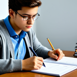 A diligent young adult student, appearing focused and intelligent, dressed in professional yet comfortable study attire, such as a neat cardigan over a collared shirt. The subject is fully clothed in appropriate attire. They are sitting at a clean, wooden study desk, intensely focused on a mock exam paper. A timer is visible next to organized study books and a pen, emphasizing time management. The pose is natural, reflecting deep concentration. The environment is a well-lit, quiet study room with a subtle academic background, possibly a bookshelf in soft focus. Professional photography, high-resolution, sharp focus on the subject, natural lighting, perfect anatomy, correct proportions, well-formed hands, proper finger count. Safe for work, appropriate content, fully clothed, professional.