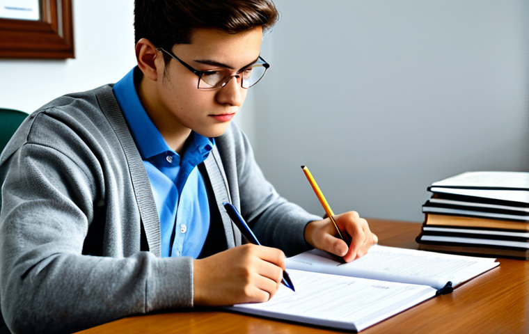 A diligent young adult student, appearing focused and intelligent, dressed in professional yet comfortable study attire, such as a neat cardigan over a collared shirt. The subject is fully clothed in appropriate attire. They are sitting at a clean, wooden study desk, intensely focused on a mock exam paper. A timer is visible next to organized study books and a pen, emphasizing time management. The pose is natural, reflecting deep concentration. The environment is a well-lit, quiet study room with a subtle academic background, possibly a bookshelf in soft focus. Professional photography, high-resolution, sharp focus on the subject, natural lighting, perfect anatomy, correct proportions, well-formed hands, proper finger count. Safe for work, appropriate content, fully clothed, professional.
