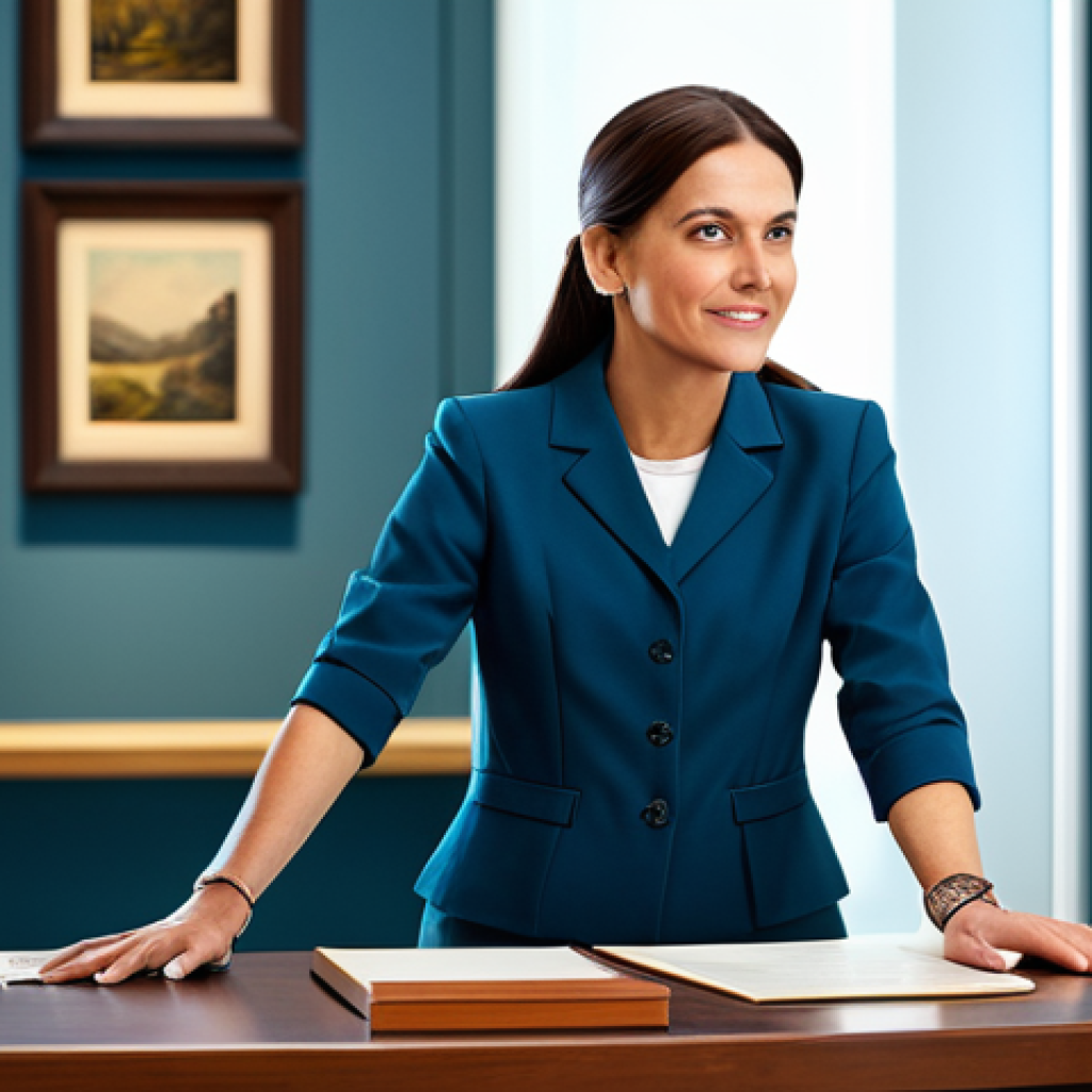 **
"A professional female administrator, fully clothed in a modest business casual outfit, assisting visitors at a brightly lit museum information desk, appropriate attire, safe for work, perfect anatomy, correct proportions, natural pose, family-friendly, high resolution, professional photography."
**