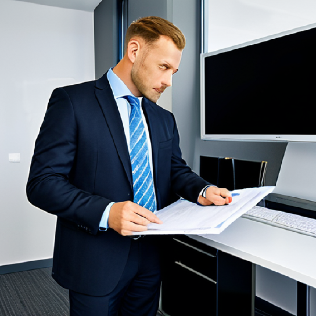 행정관리사 시험 주요 과목 분석 - "A professional administrative manager in a modern office setting, reviewing documents, fully clothe...