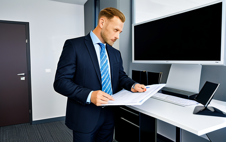 행정관리사 시험 주요 과목 분석 - "A professional administrative manager in a modern office setting, reviewing documents, fully clothe...