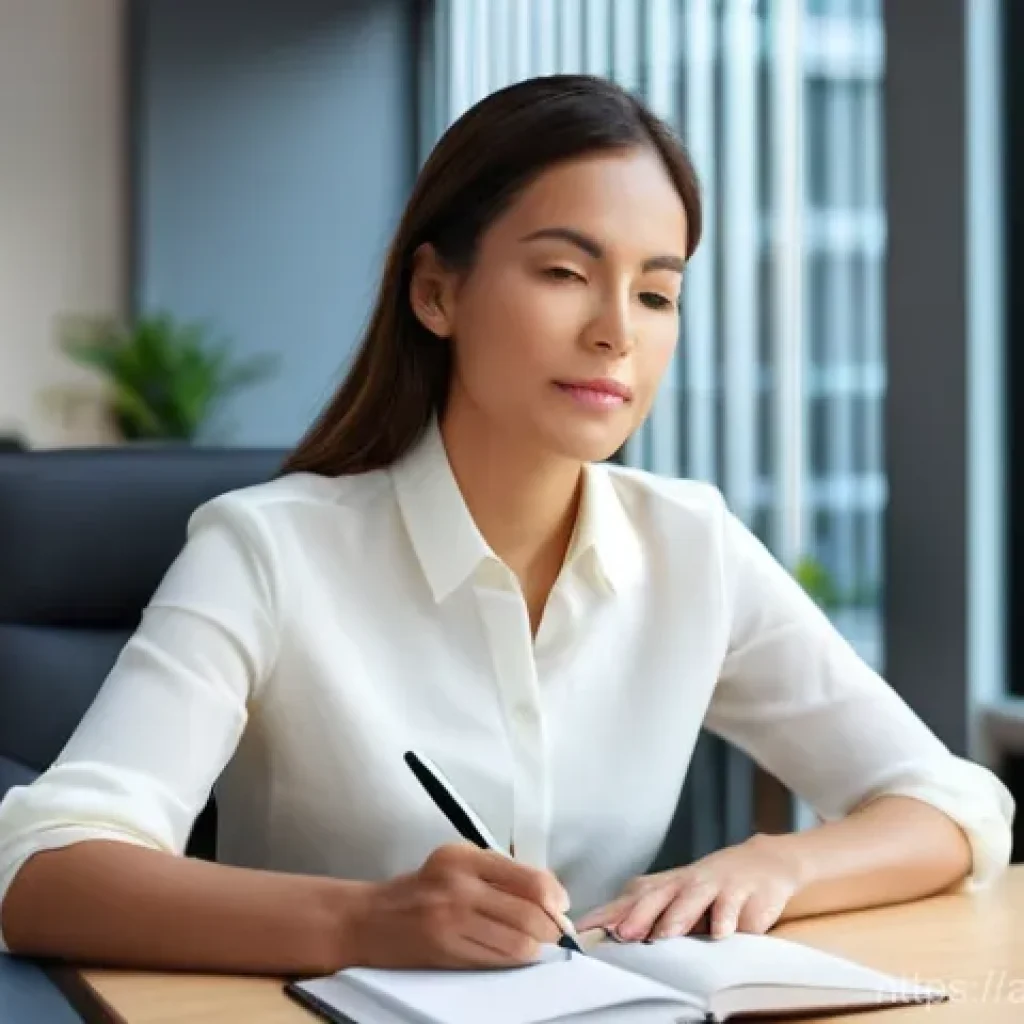 행정관리사 직무 스트레스 관리 - **Prompt:** A serene, contemplative administrative manager, a woman in her early 30s, sitting at a c...