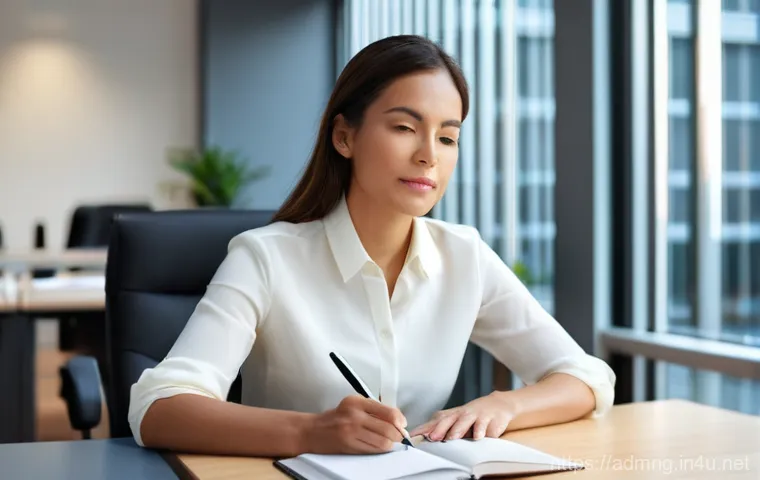 행정관리사 직무 스트레스 관리 - **Prompt:** A serene, contemplative administrative manager, a woman in her early 30s, sitting at a c...