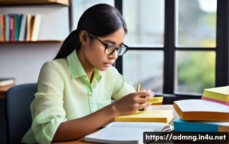 행정관리사 강의 추천 및 후기 - **Image Prompt:** A young woman in her early 20s, wearing a neatly buttoned pastel-colored blouse an...